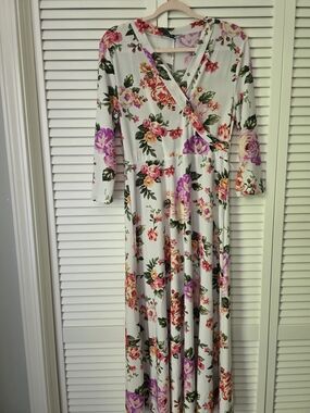 New Look White Floral Wrap Midi Dress with Pink & Purple Blooms